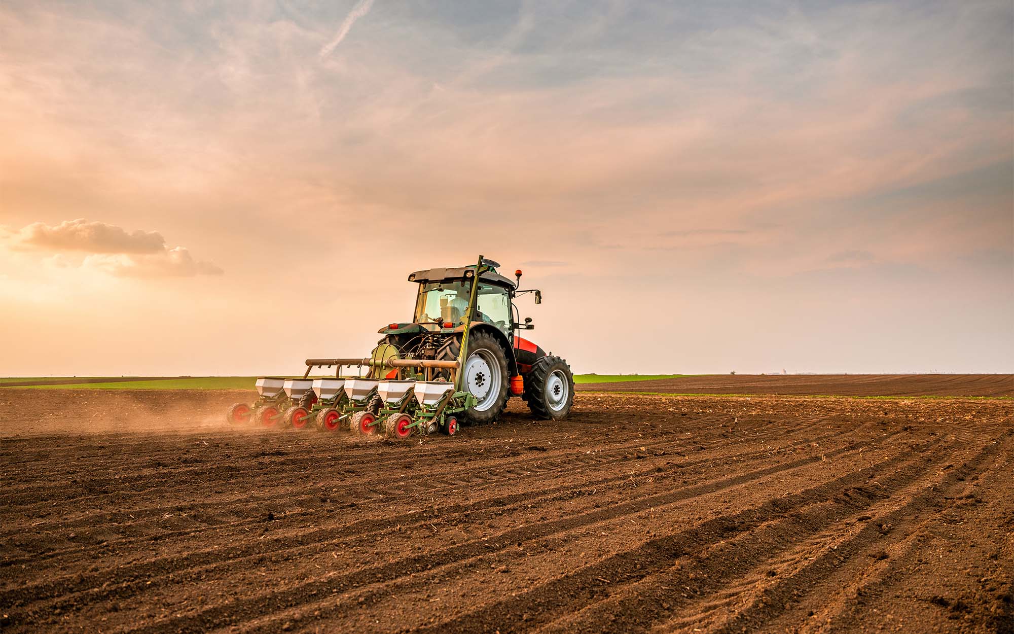 Tractor drilling seeding crops at farm field. Agricultural activity_