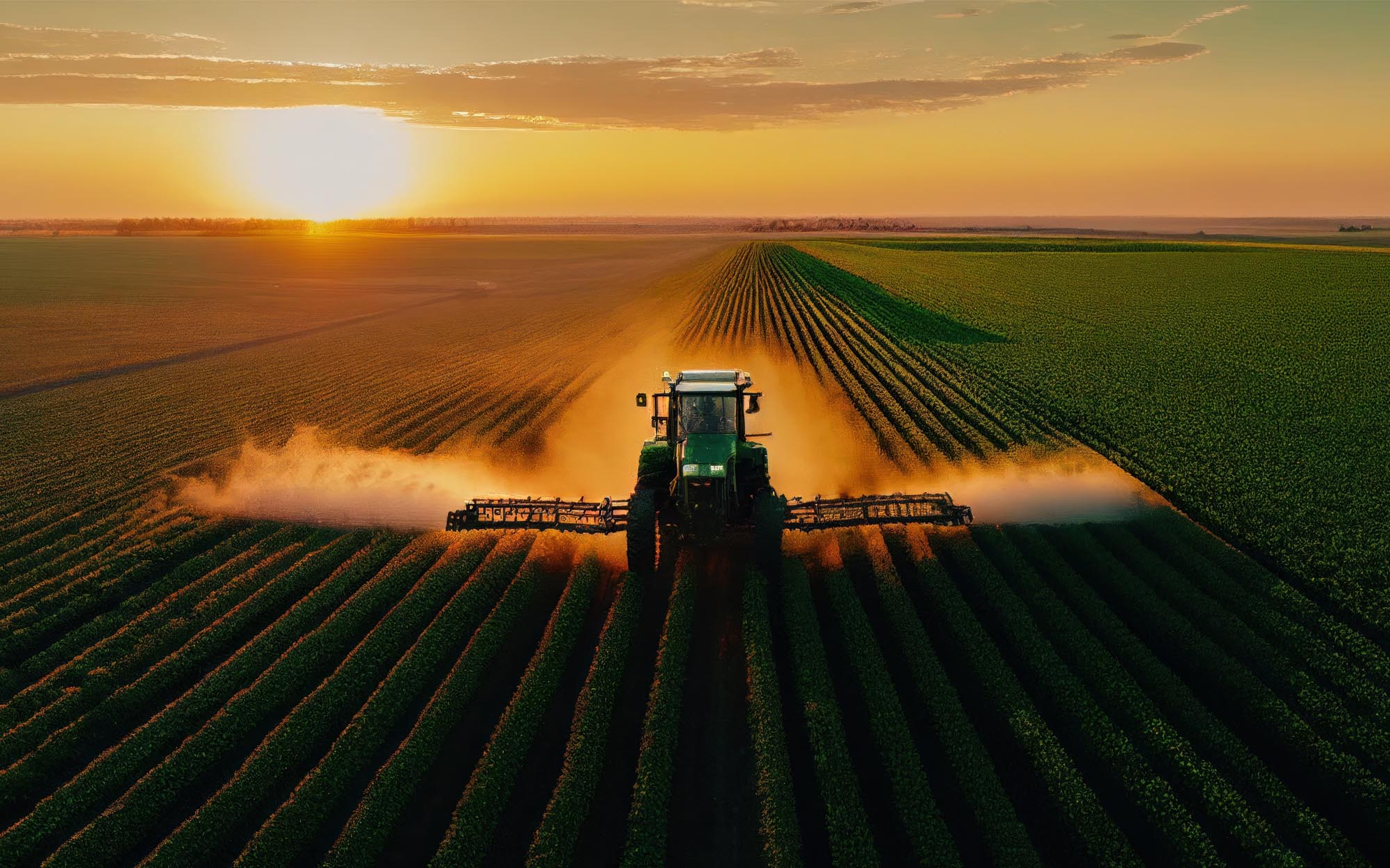 A tractor sprays an agricultural field with fertilizer on a sunset evening